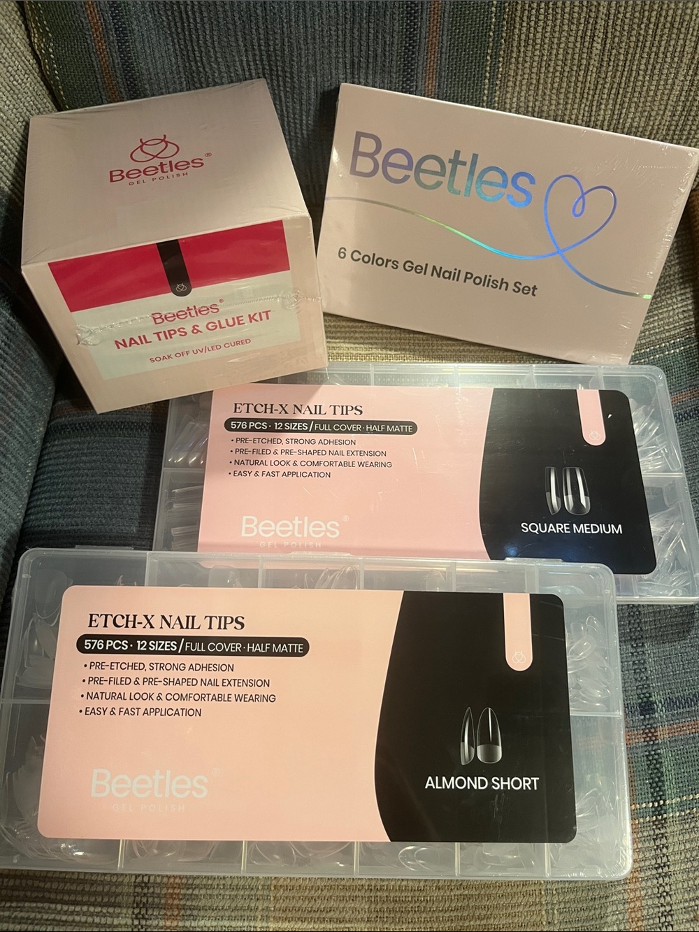 4 Beetles Bundle Nail Tips Glue Gel Polish Set Etch-X Almond Short Square Medium